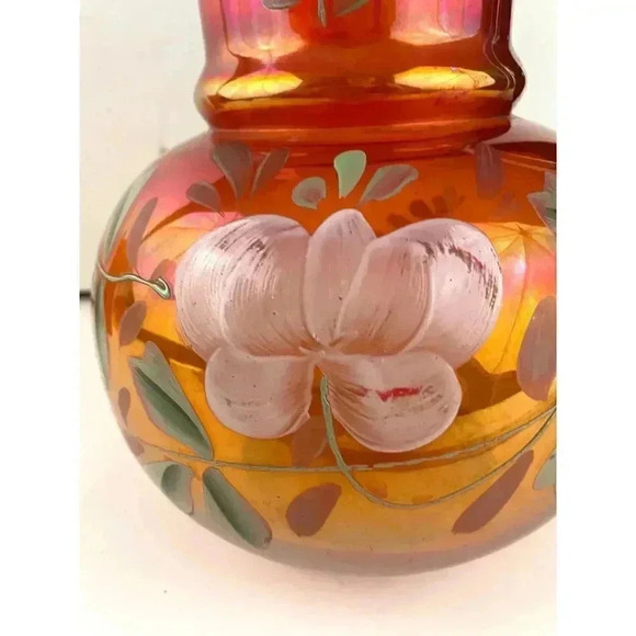 VTG Carnival Glass Orange Iridescent Pitcher Glass Blown Hand Painted 10" Floral - Picture 8 of 16